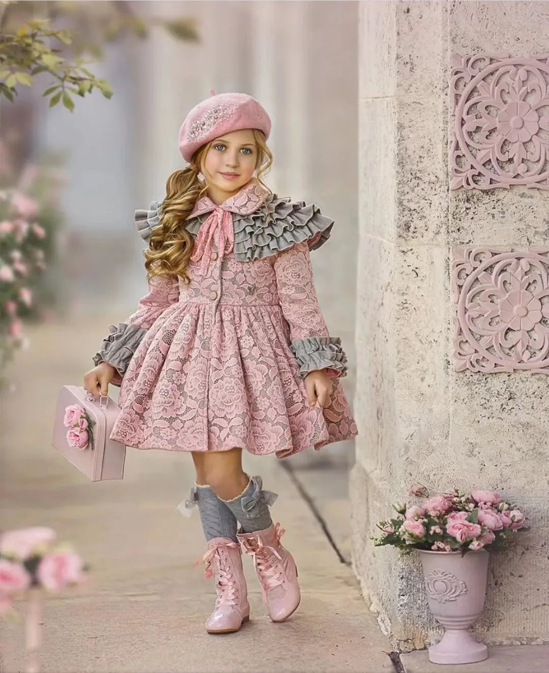 1-12Y Baby Girl Winter Pink Lace Vintage Palace Spanish Turkish Princess Wool Coat Cape for Birthday Eid Photography