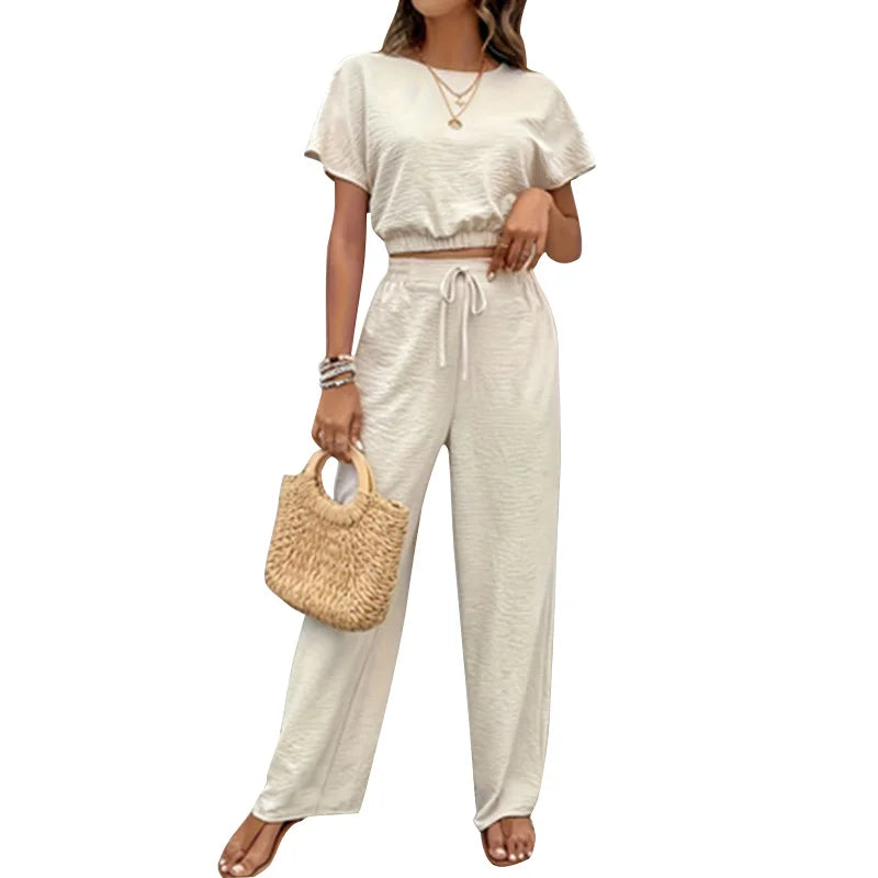 2024 Summer Soild Apricot Color Two Piece Set Women Casual Slash Neck Short Tops + High Waist Wide Leg Pants Female Suit New