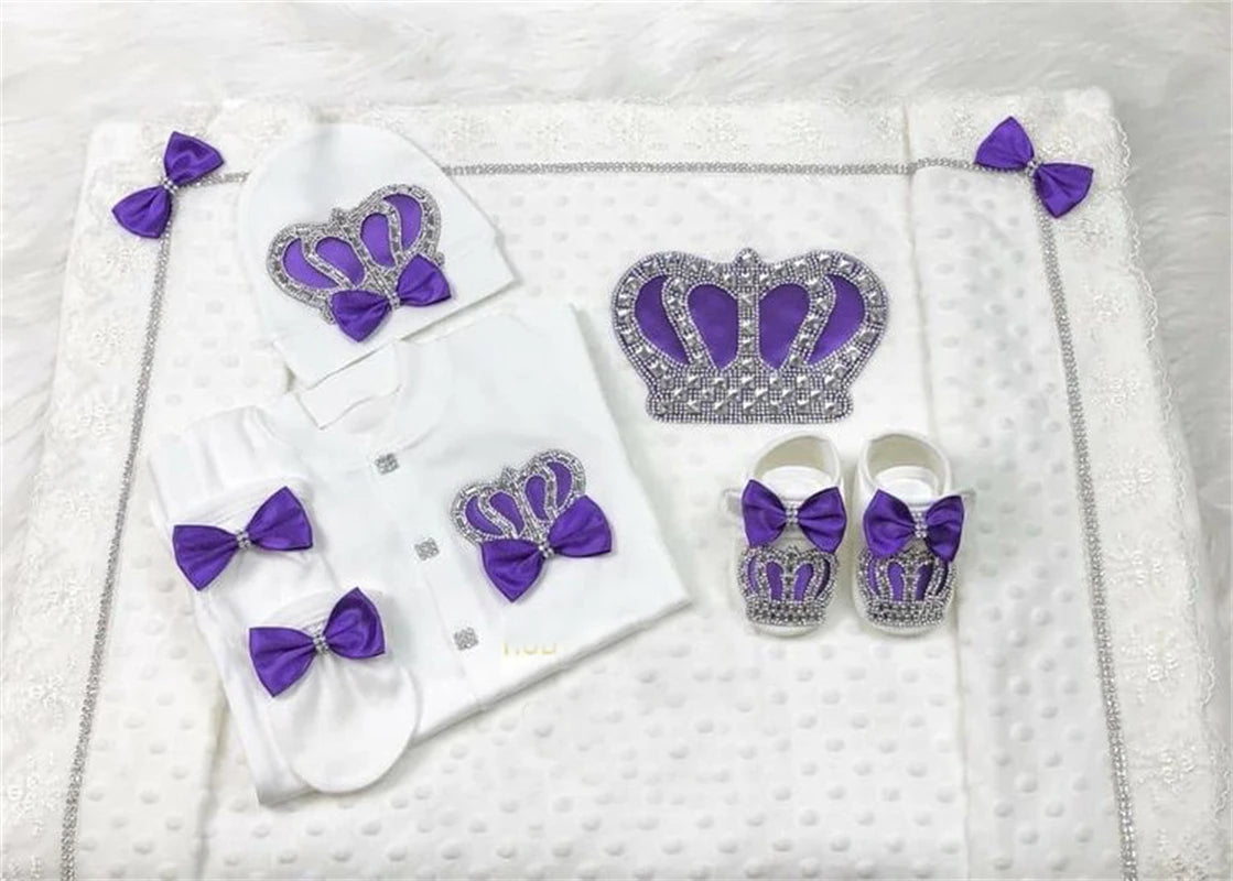 Dollbling 5pcs Newborn Welcome Home Outfits Cotton Infant Baby Nest Luxury Bedding Personalized Embroidery Blanket Set