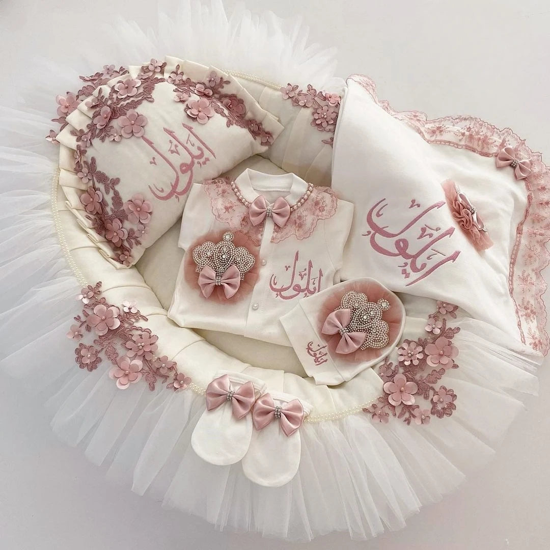 Dollbling 5pcs Newborn Welcome Home Outfits Cotton Infant Baby Nest Luxury Bedding Personalized Embroidery Blanket Set