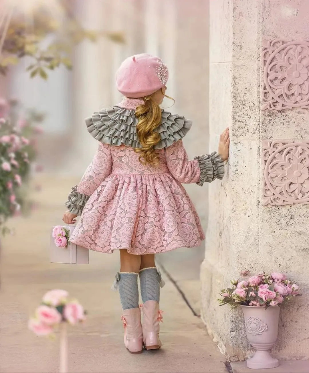 1-12Y Baby Girl Winter Pink Lace Vintage Palace Spanish Turkish Princess Wool Coat Cape for Birthday Eid Photography