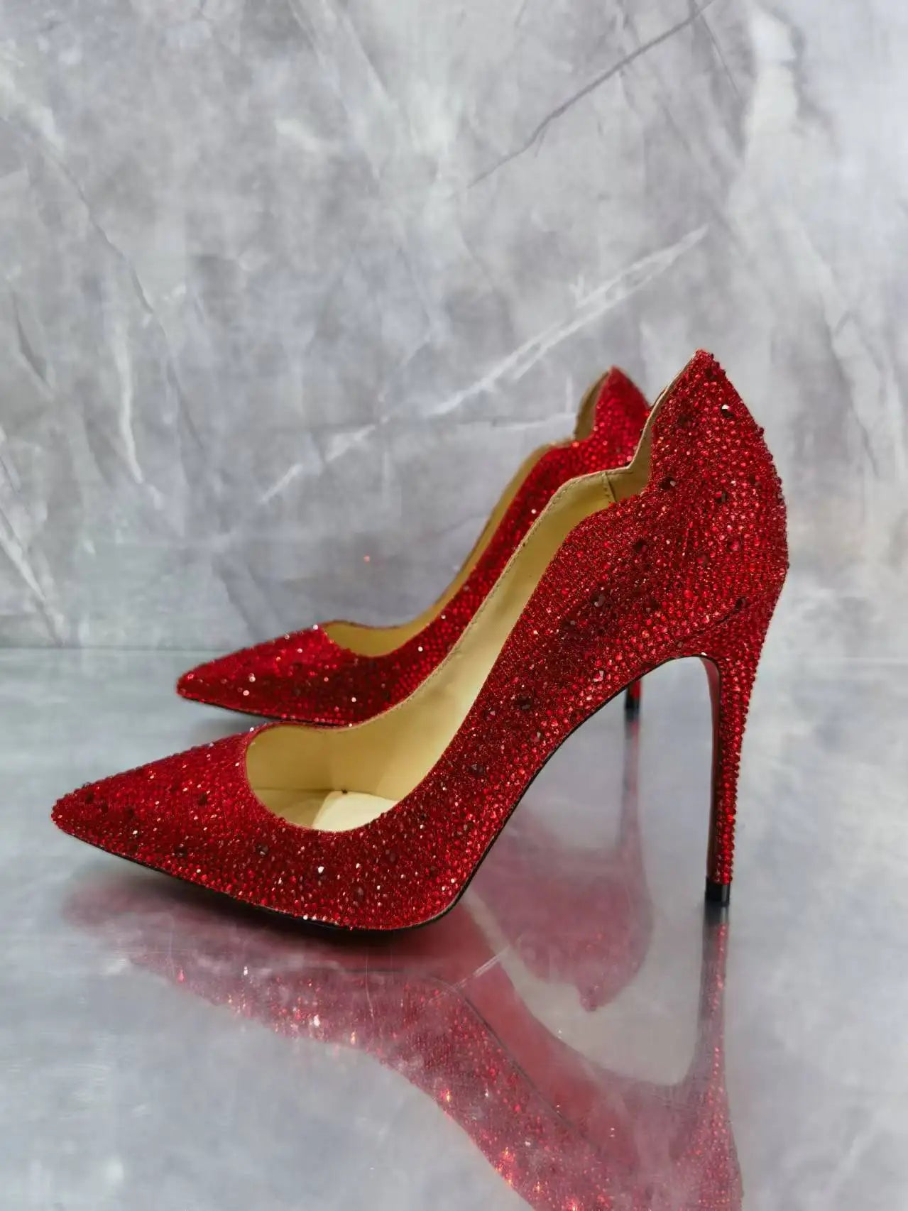 Red Rhinestone Pumps Stiletto High Heels Single Shoes Women Golden Full Diamonds Shallow Shoes for Lady Brand Design Big Size 43