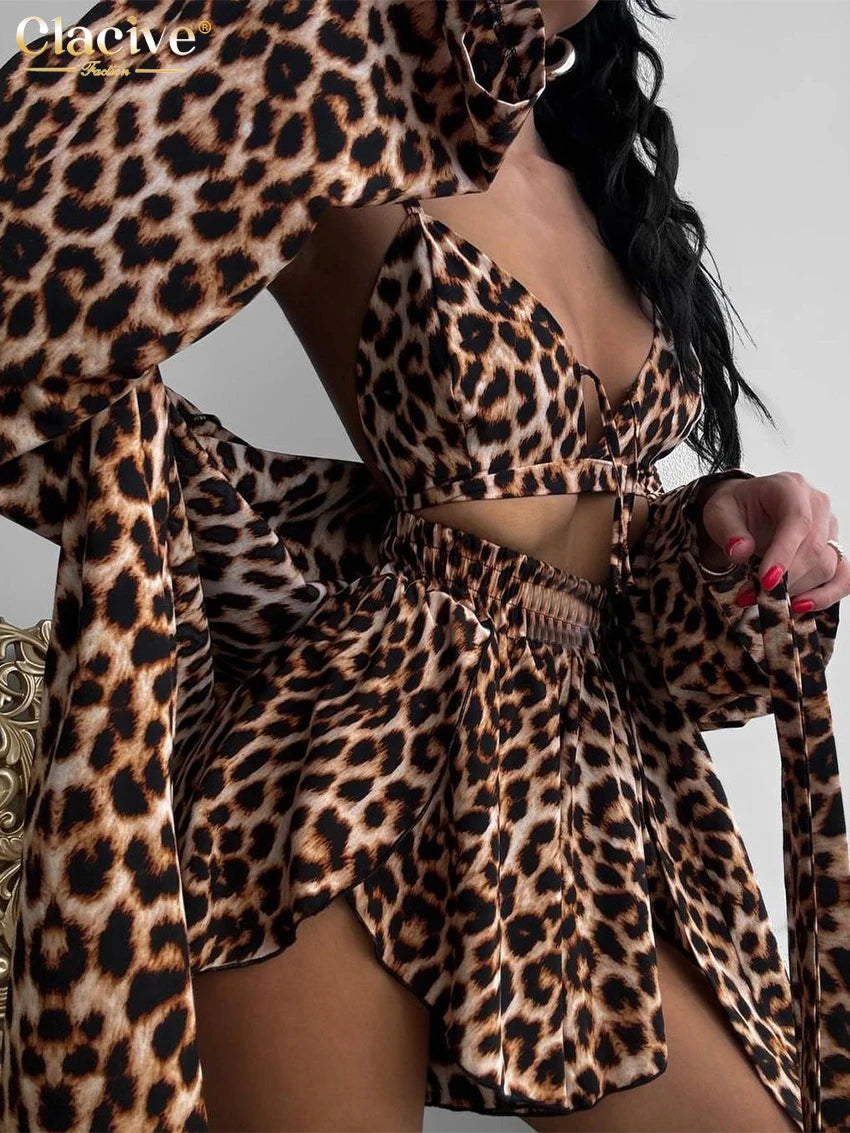 Clacive Sexy Loose Leopard Print 3 Piece Sets Women Outfit Fashion Long Sleeve Shirt + Bra With High Waist Shorts Set Streetwear