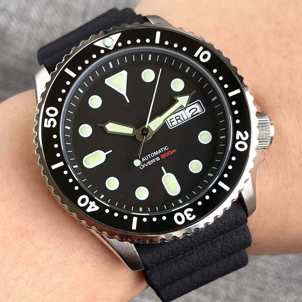 Tandorio ModS NH36 Men's Mechanical Steel Watch Waterproof 20bar Beverage bezel 120 Chapter Ring Crown Clock 3.8 Black Index