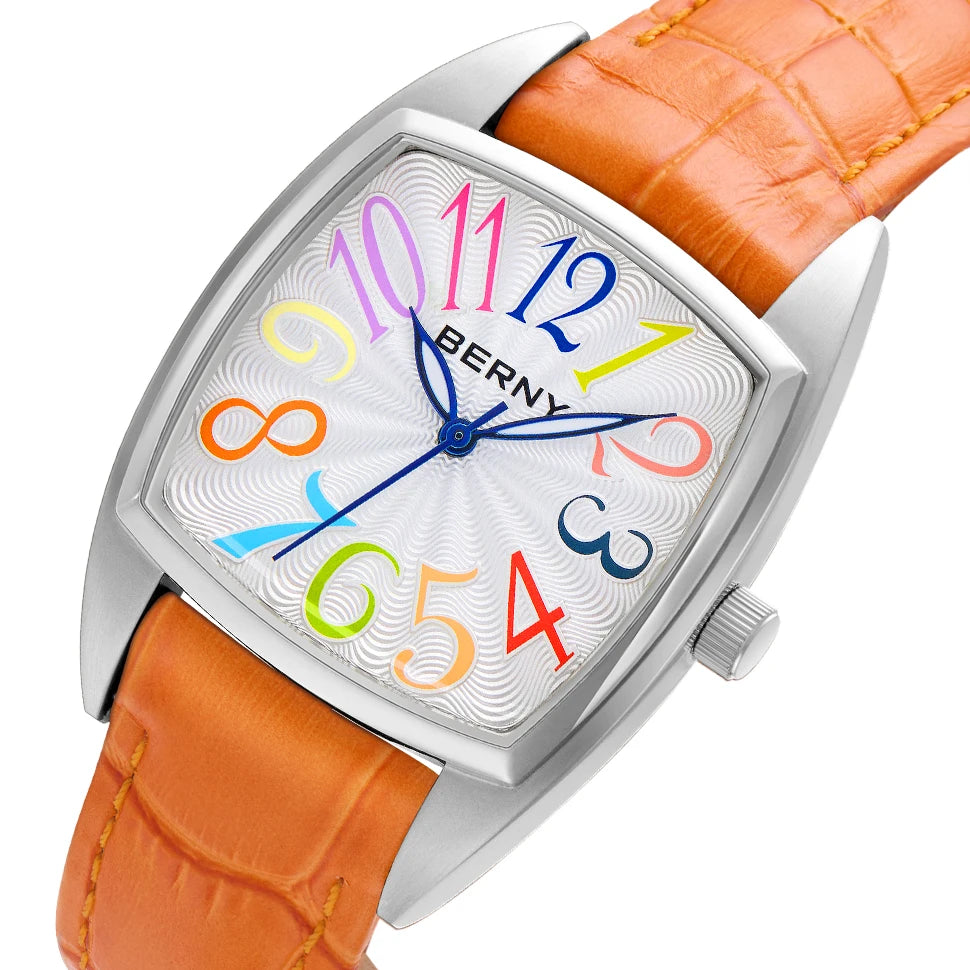 BERNY Women's Watches Elegant Casual S/S Leather Strap Square Quartz Woman Watch Ladies Colorful Numeral Easy Read Wristwatch