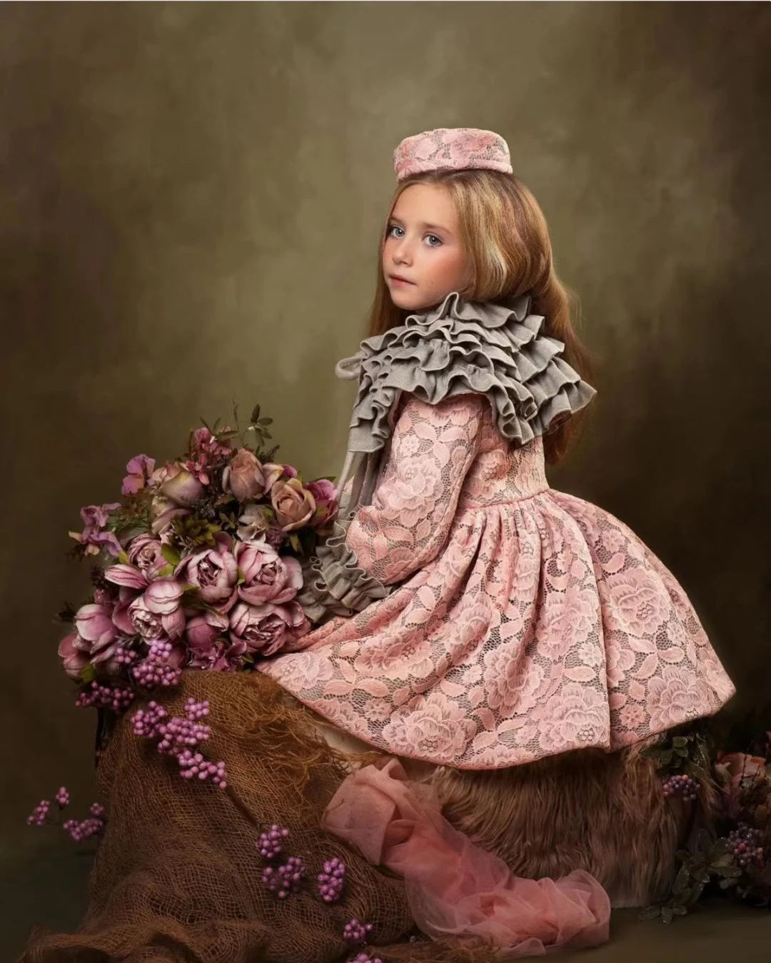 1-12Y Baby Girl Winter Pink Lace Vintage Palace Spanish Turkish Princess Wool Coat Cape for Birthday Eid Photography