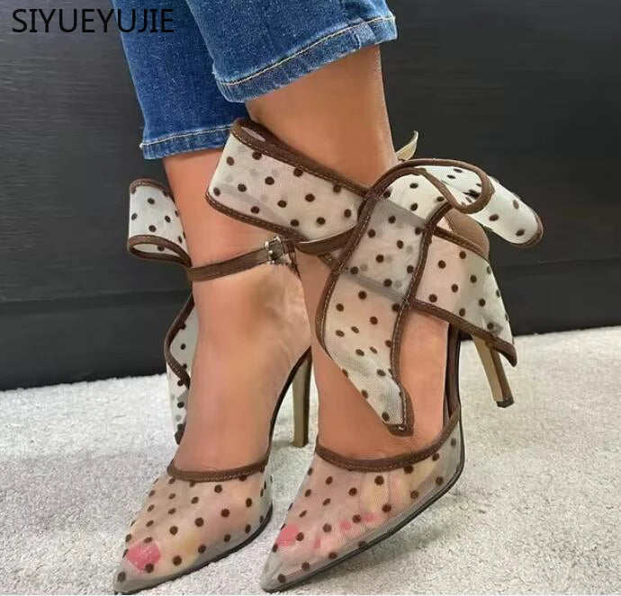 Polka Dot Bow Pumps Red Mesh Pointed Toe Stiletto Heels Side Butterfly Knot Sandals Women Evening Party Shoes Zapatos Mujere