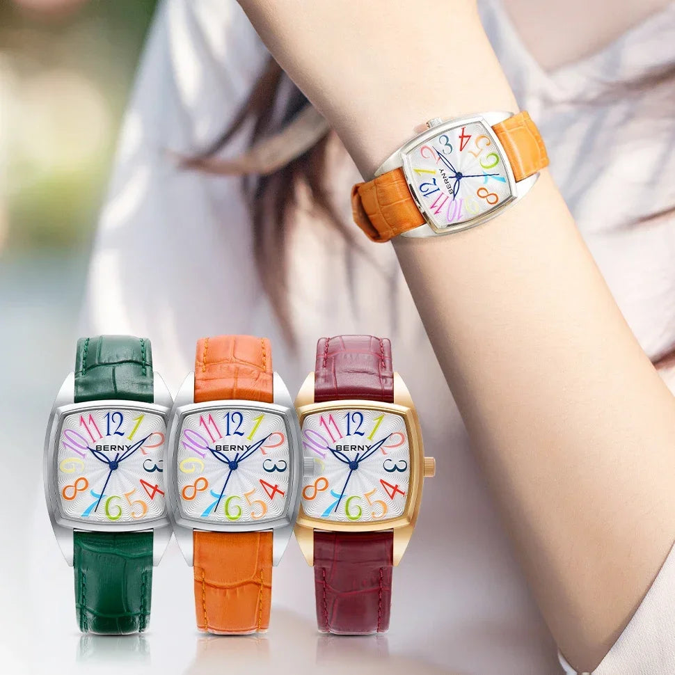 BERNY Women's Watches Elegant Casual S/S Leather Strap Square Quartz Woman Watch Ladies Colorful Numeral Easy Read Wristwatch