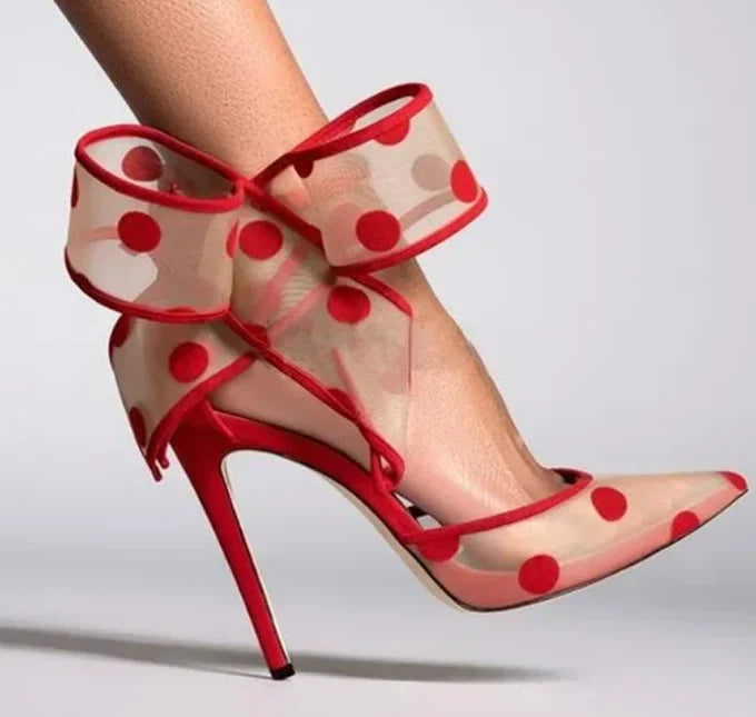 Polka Dot Bow Pumps Red Mesh Pointed Toe Stiletto Heels Side Butterfly Knot Sandals Women Evening Party Shoes Zapatos Mujere