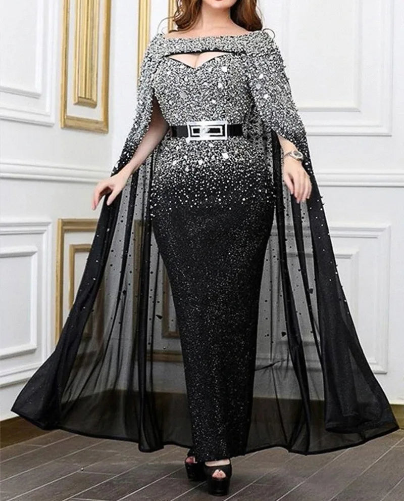 new women elegant top quality evening party cloak long dress sexy sheath gradient sequined evening dress