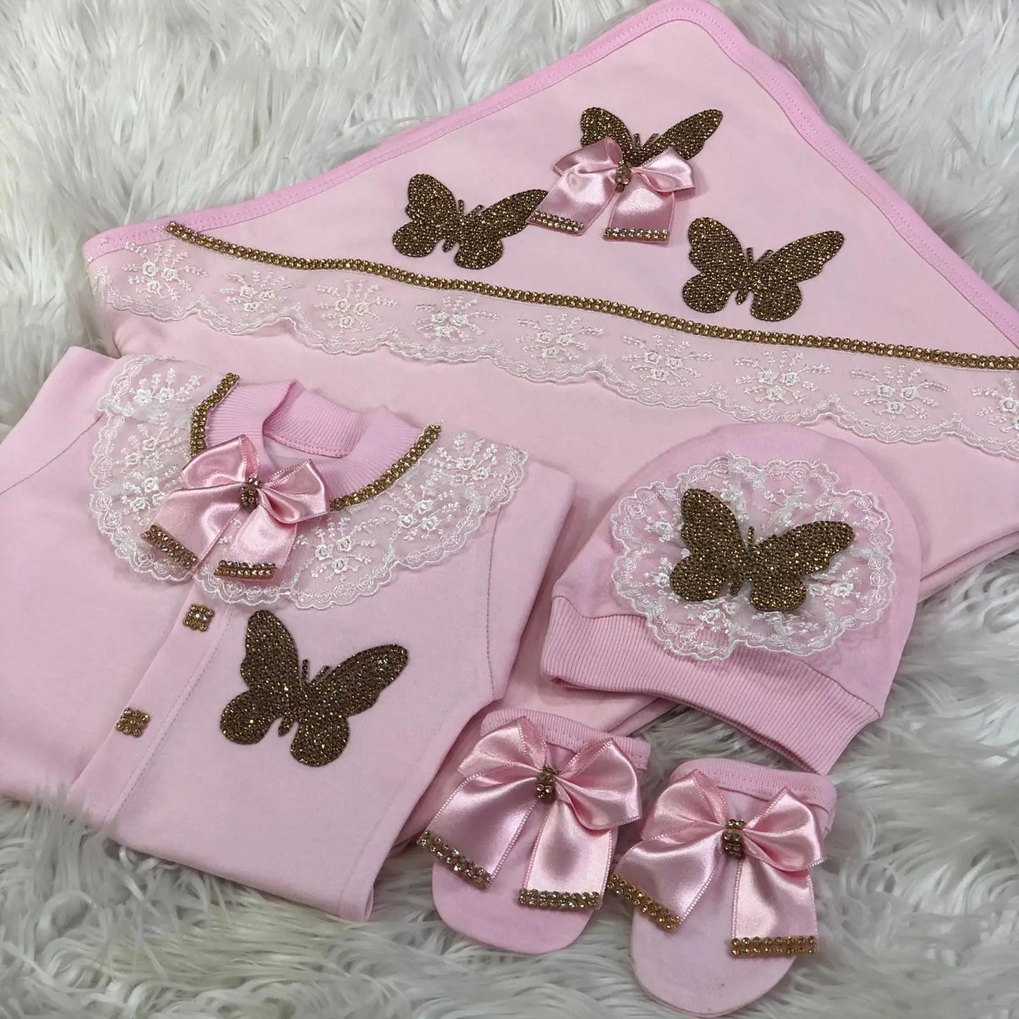 Dollbling 5pcs Newborn Welcome Home Outfits Cotton Infant Baby Nest Luxury Bedding Personalized Embroidery Blanket Set