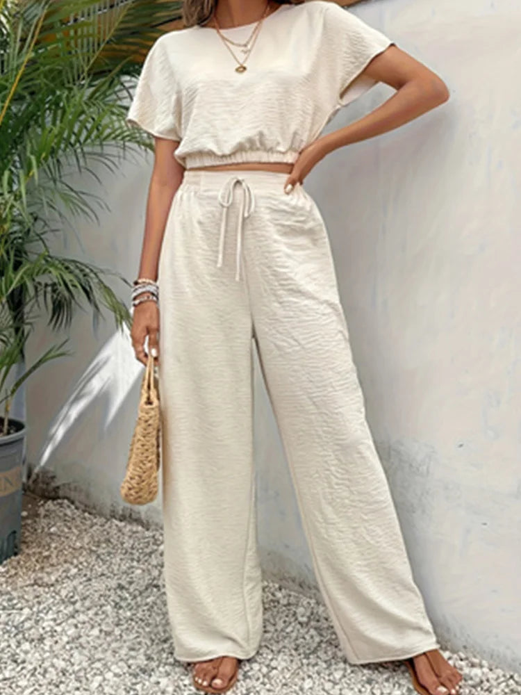 2024 Summer Soild Apricot Color Two Piece Set Women Casual Slash Neck Short Tops + High Waist Wide Leg Pants Female Suit New