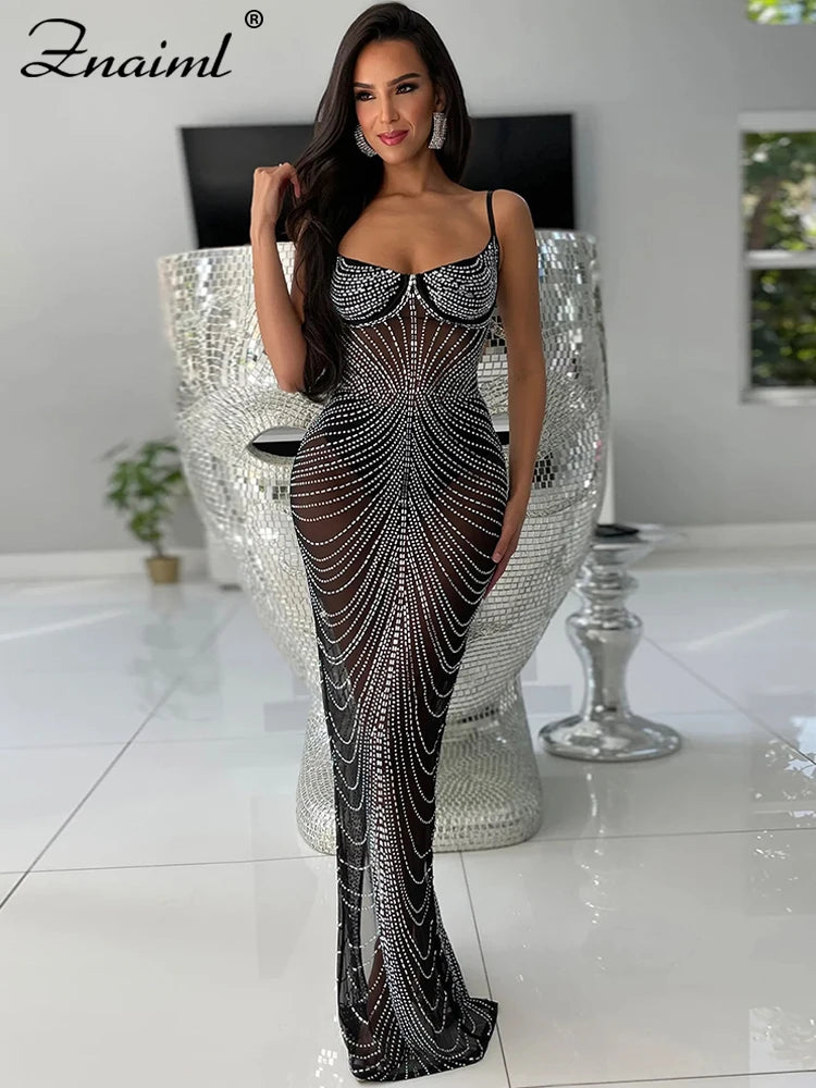 Znaiml Sexy Mesh See Through Night Party Club Birthday Dress for Women Sparkly Crystal Rhinestone Gown Wedding Evening Vestidos