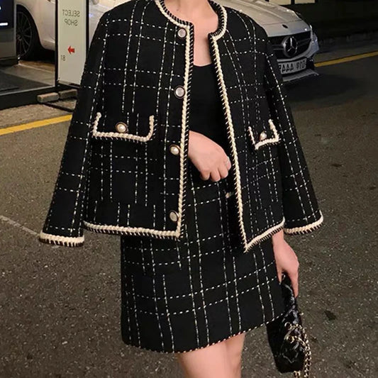 Women Fried Street Tweed Suit 2023 New Spring Autumn Wool Jacket + Skirt Female Fashion Loose Tweed Skirts Two-Piece Set