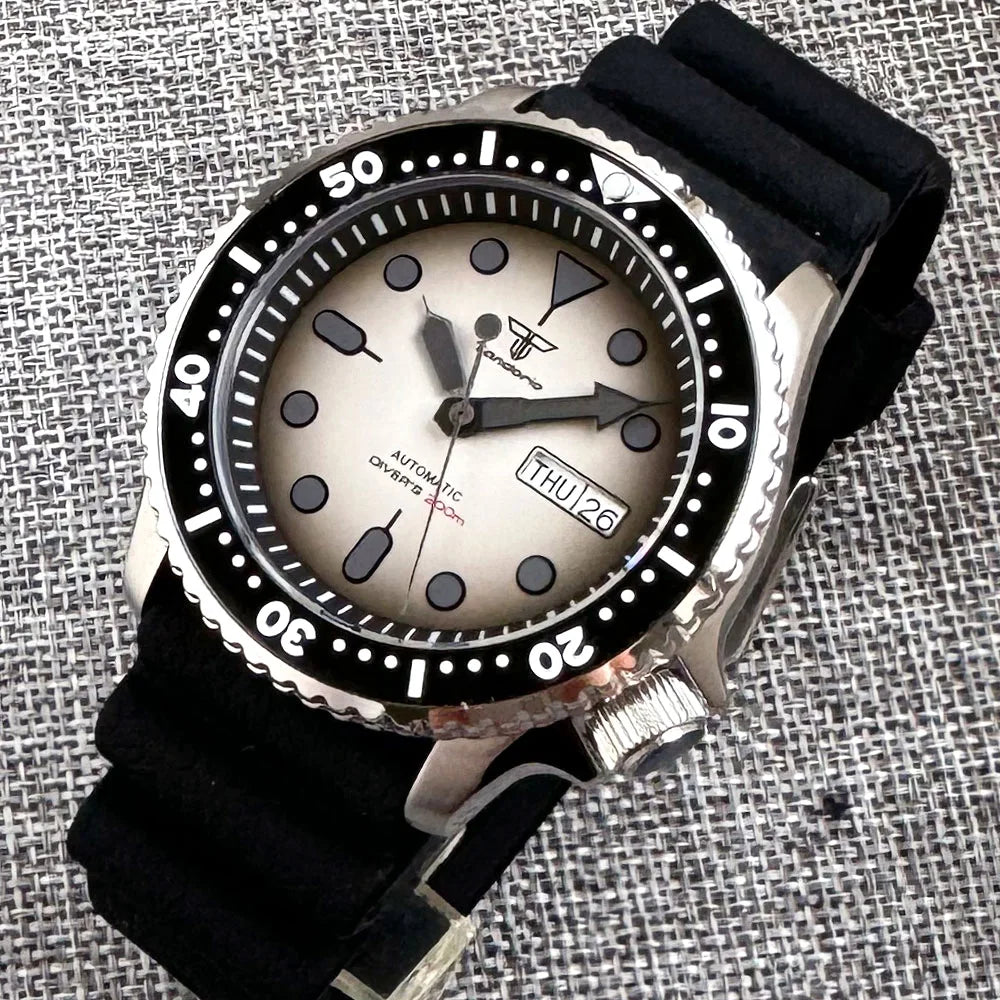 Tandorio ModS NH36 Men's Mechanical Steel Watch Waterproof 20bar Beverage bezel 120 Chapter Ring Crown Clock 3.8 Black Index