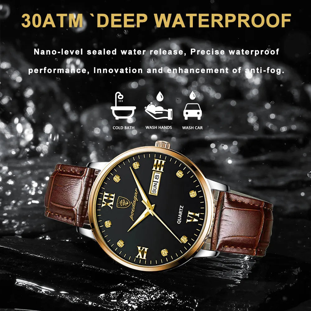 POEDAGAR Luxury Casual Top Brand Business Male Watches Date Week Waterproof Luminous Leather Dress Men's Watch Relogio Masculino