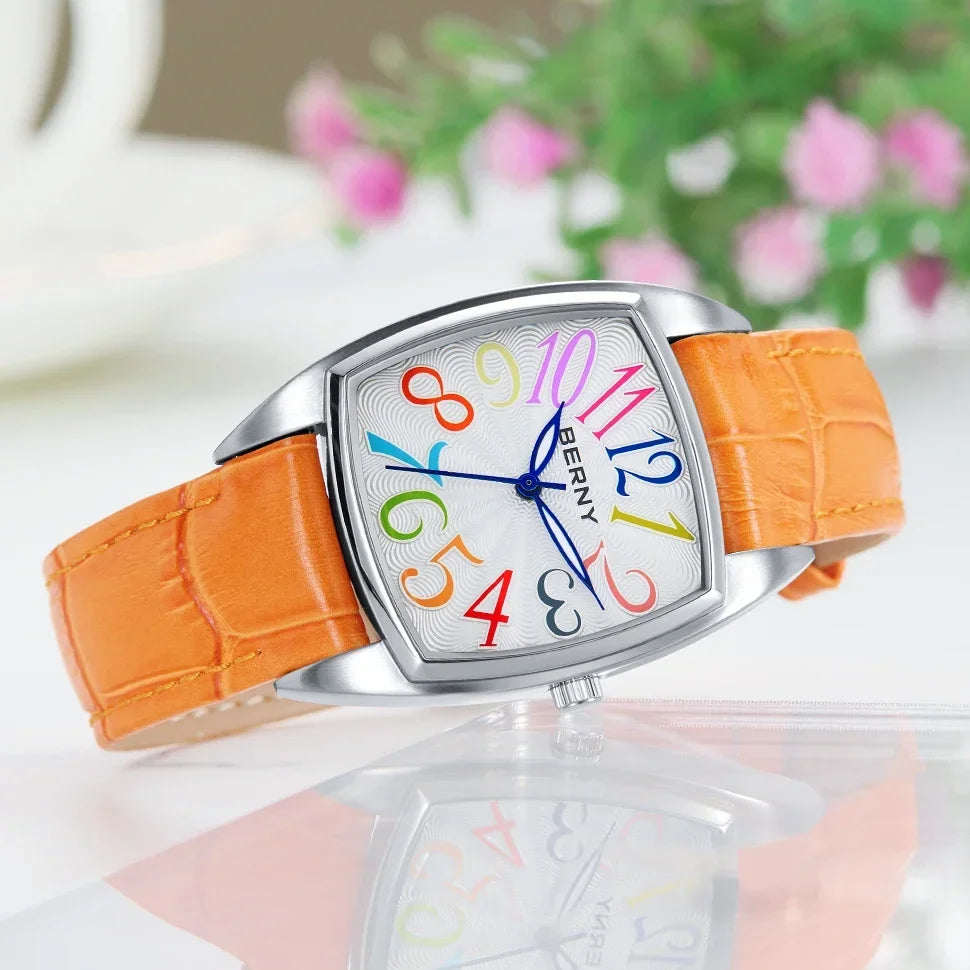 BERNY Women's Watches Elegant Casual S/S Leather Strap Square Quartz Woman Watch Ladies Colorful Numeral Easy Read Wristwatch