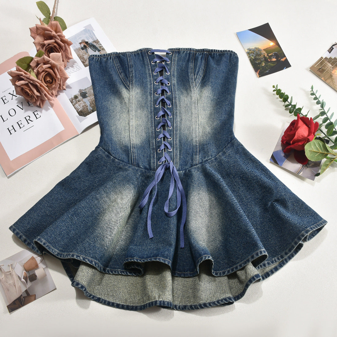 Women's Zipper Lace-up Chest Wrap Hot Girl Denim Skirt