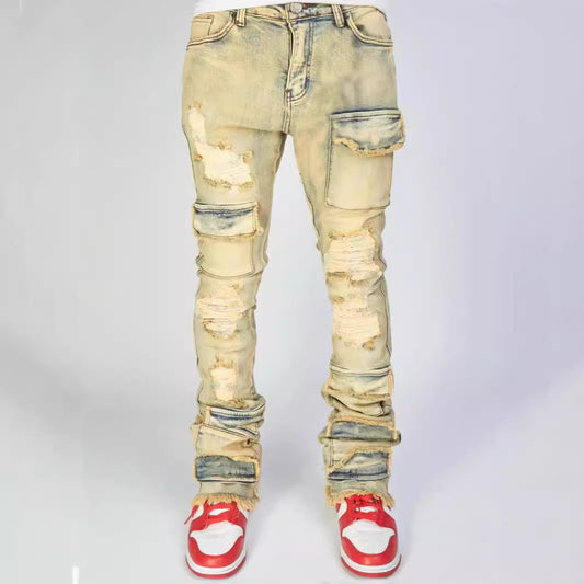 Men's Denim Straight-leg Overalls European And American Fashion Stretch Ripped Laminated Micro-pull Pants