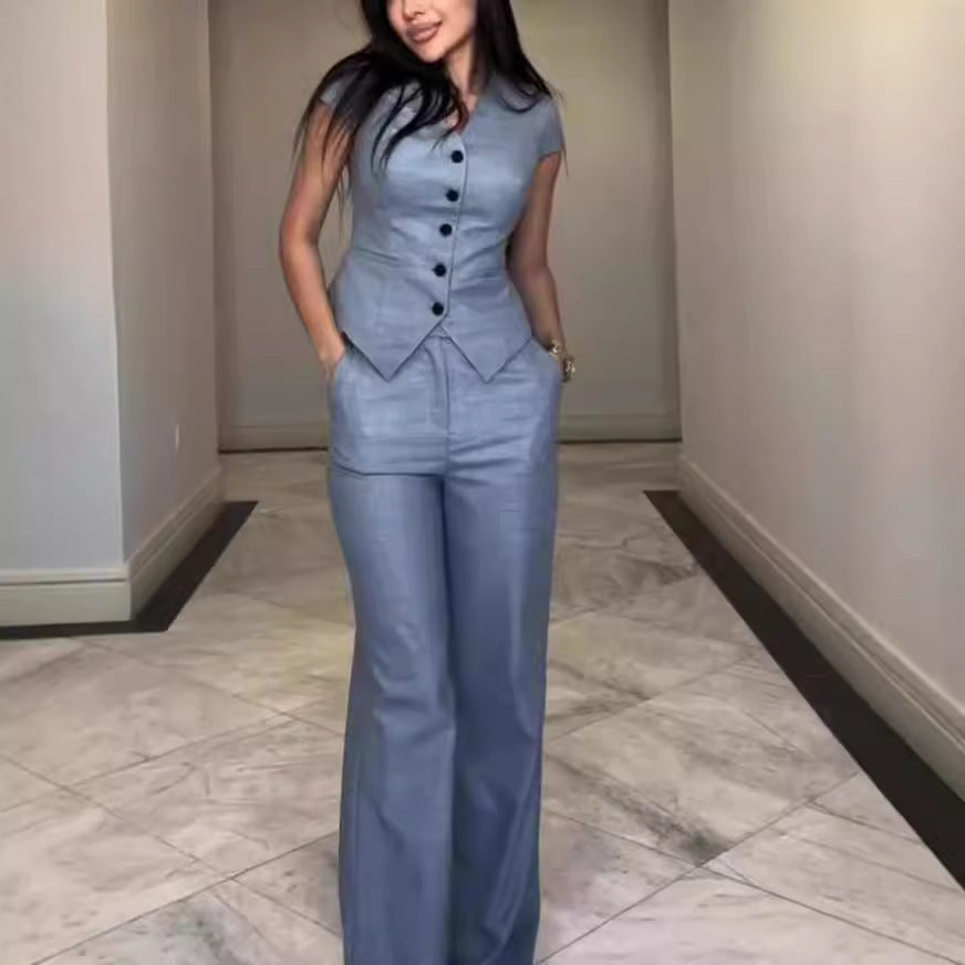 V-neck Top Casual Straight Pants Suit