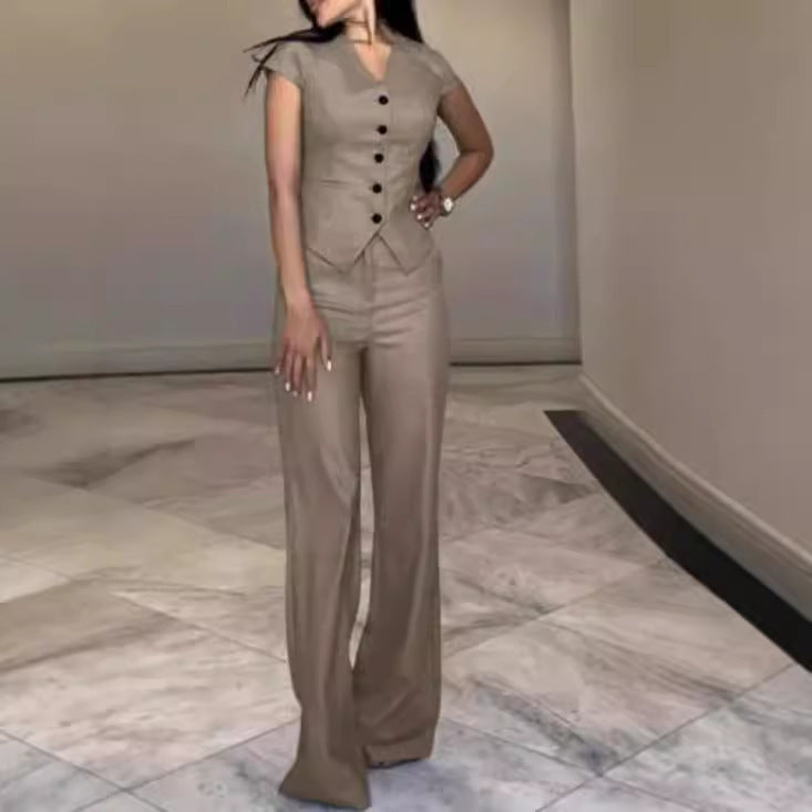 V-neck Top Casual Straight Pants Suit