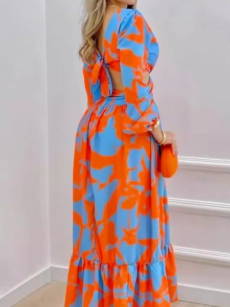 Women's Printed V Neck Puff Sleeve Hollow Out Dress with Slit HEH7RZ5TLR