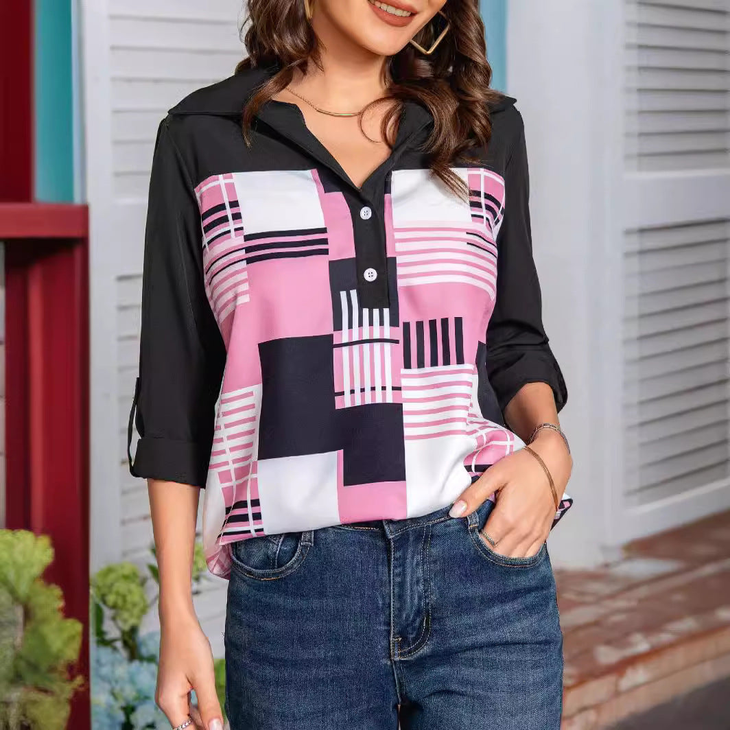 Three-quarter Sleeve European And American Ladies Fashion Printed Shirt