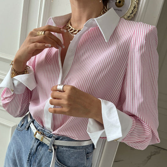 Women's Casual Printed Patchwork Long Sleeves Striped Shirt