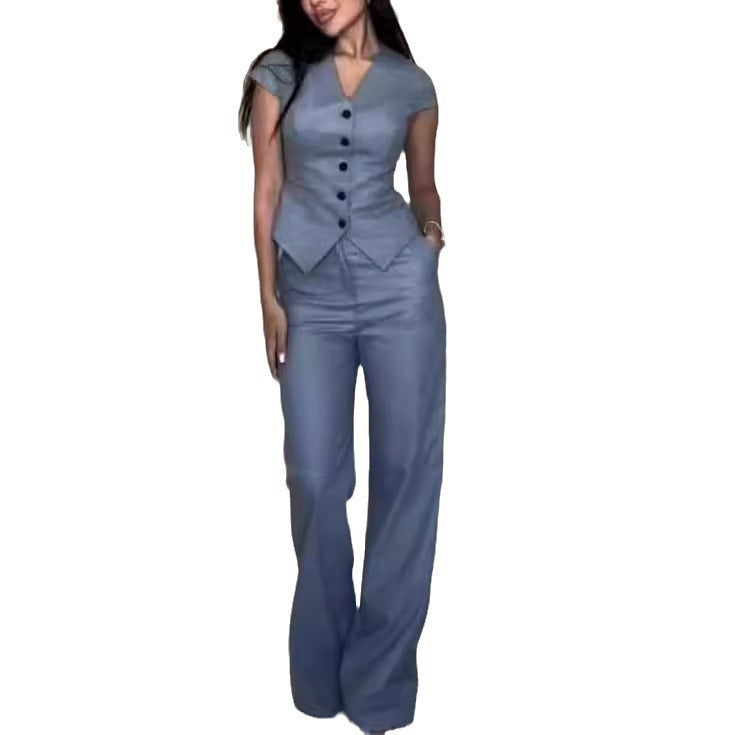 V-neck Top Casual Straight Pants Suit