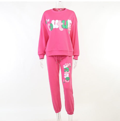 English Printing Sweatshirt And Sweatpants Suit Loose Two-piece Suit