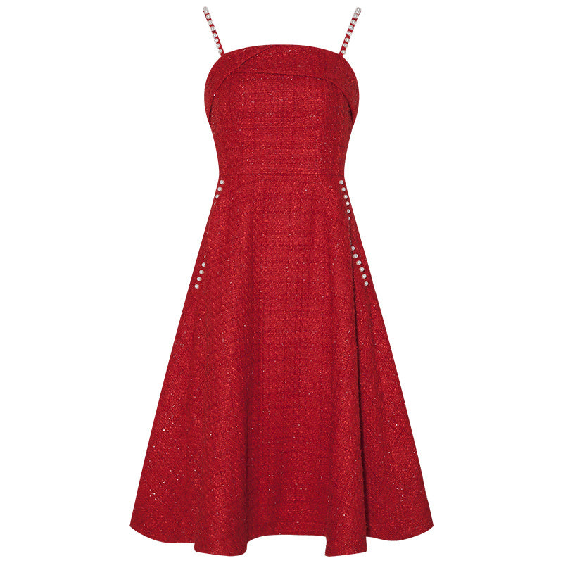 Retro Pearl Sling Tweed Dress Woman