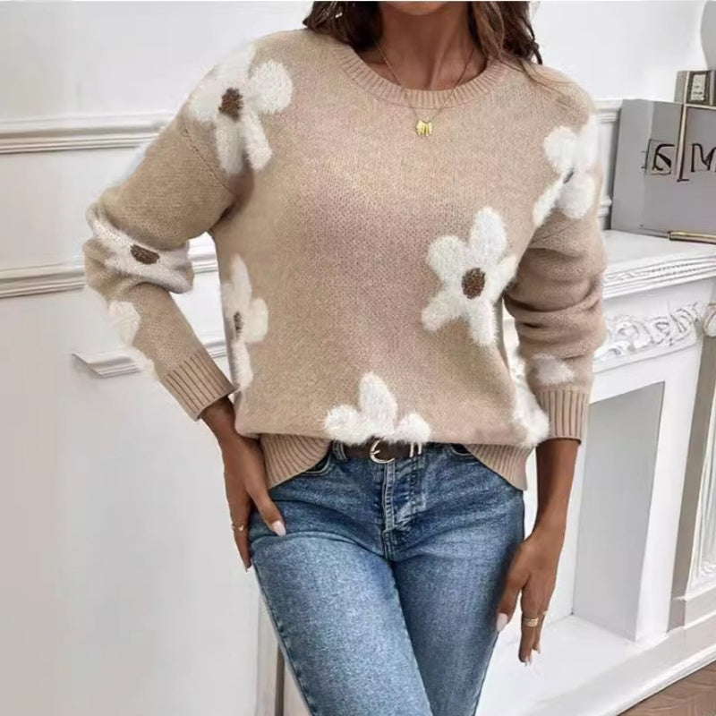 Fashion Pullover Round Neck Long Sleeves Sweater Jacquard Solid Color Knitted Top For Women