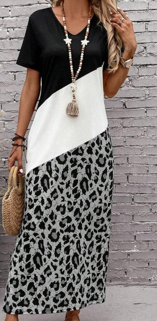 Leopard Print Colorblock Long Summer Tee Dress With Seelves