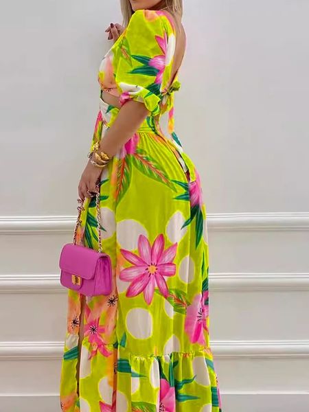 Women's Printed V Neck Puff Sleeve Hollow Out Dress with Slit HEH7RZ5TLR